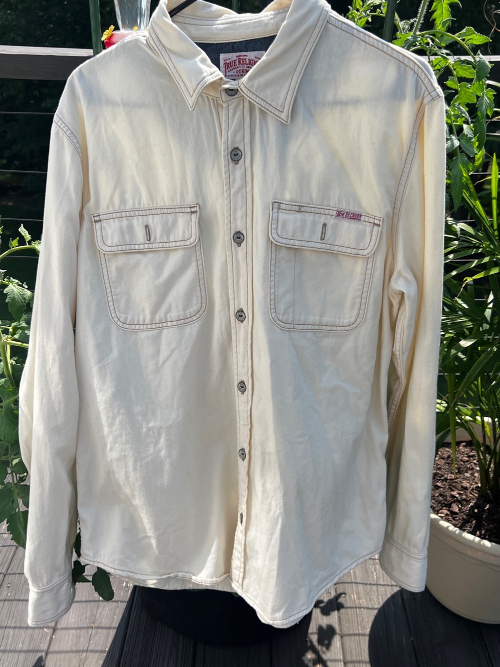 True Religion Cream Utility Button-Up Shirt Jacket | Large | Contrast Stitching